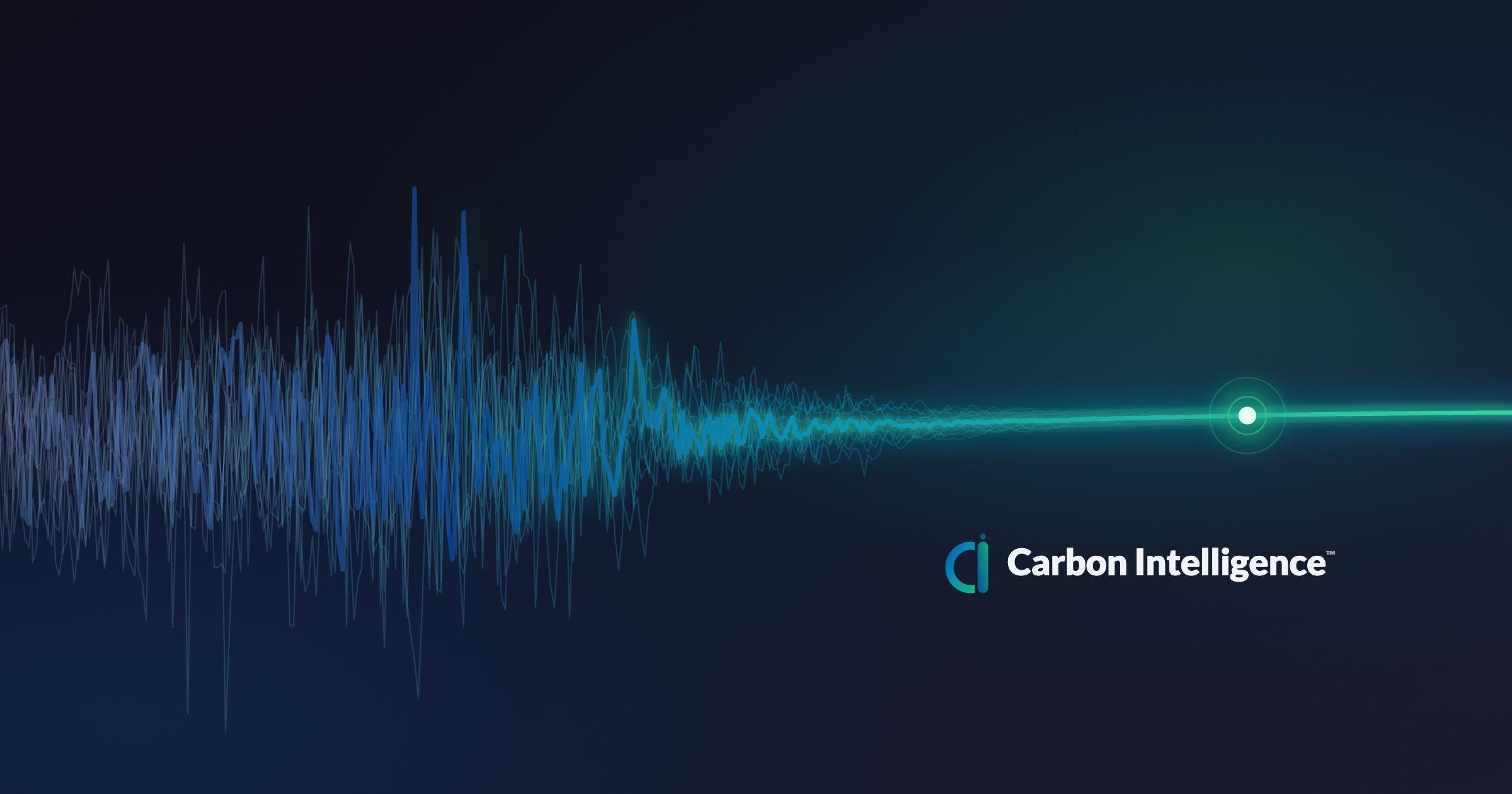 Ilustración abstracta, sin datos: una señal irregular se calma en una línea verde estable, casi plana, con un nodo luminoso. Logotipo de Carbon Intelligence.